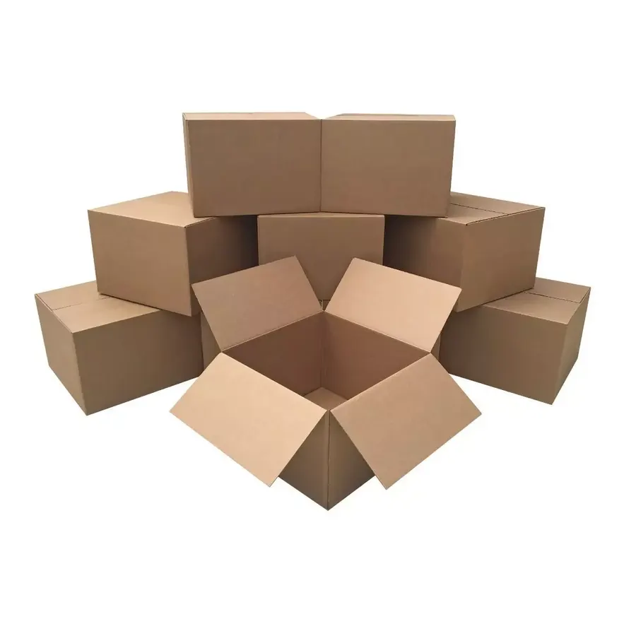 Stack of 10 extra large brown corrugated moving boxes, 23 by 23 by 16 inches