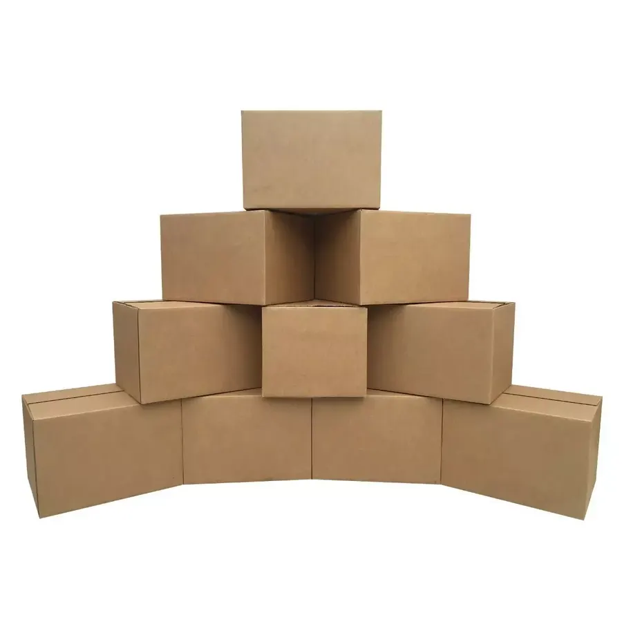 Ten medium brown corrugated moving boxes, 18 by 14 by 12 inches