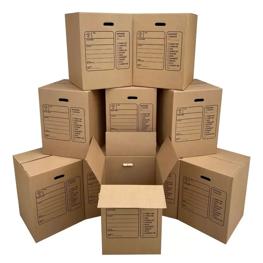 Ten premium large brown corrugated moving boxes, 18 by 18 by 24 inches