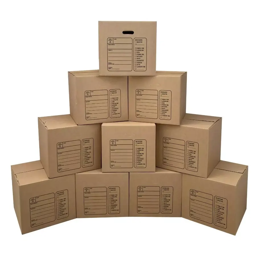 Ten premium medium brown corrugated moving boxes, 18 by 18 by 16 inches