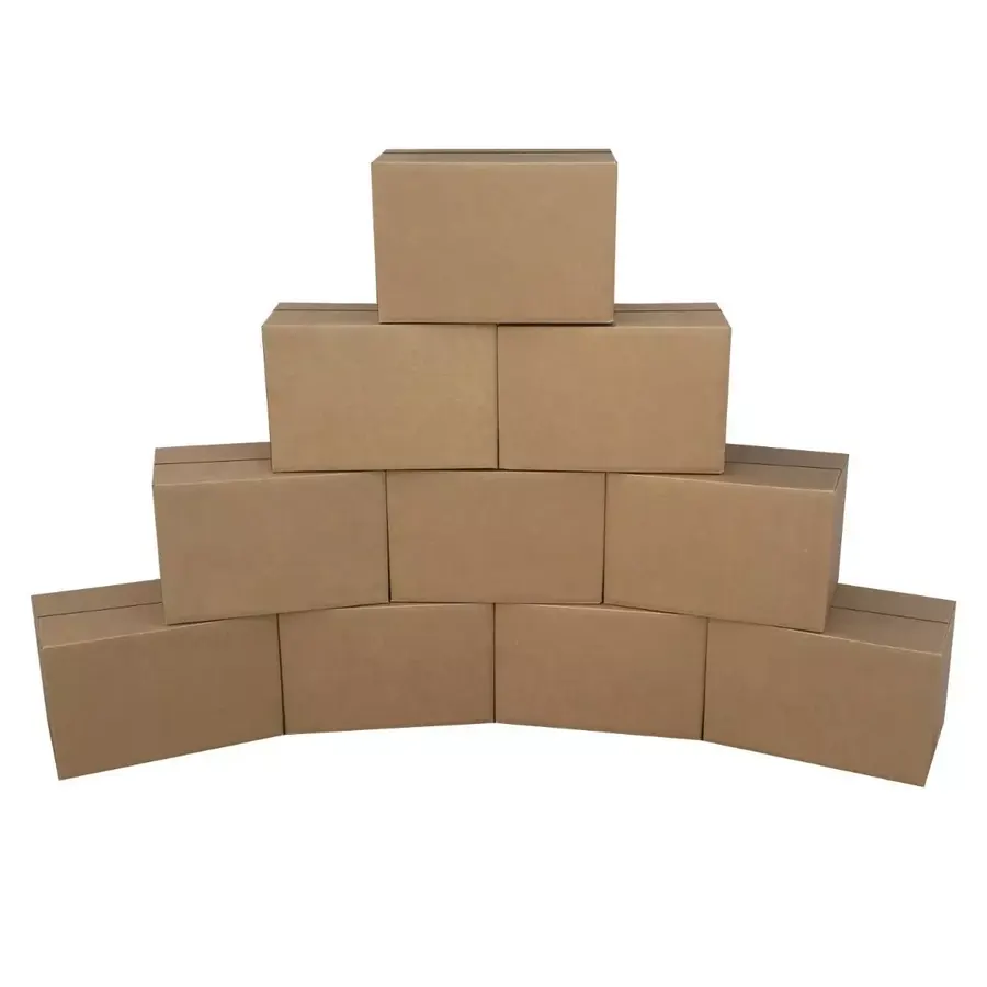 Bundle of ten small brown corrugated moving boxes