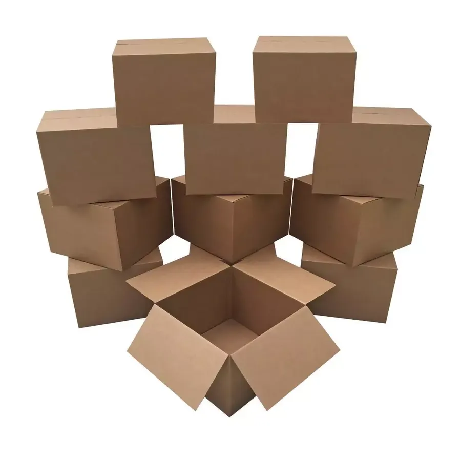 Twelve large brown corrugated moving boxes, 20 by 20 by 15 inches