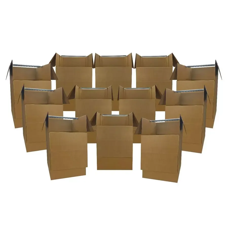 Tall brown corrugated wardrobe moving boxes with metal hanging bars