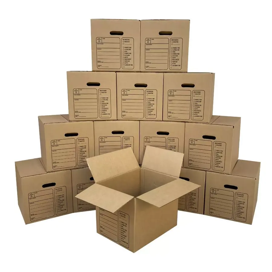Fifteen small brown corrugated moving boxes with printed label panels