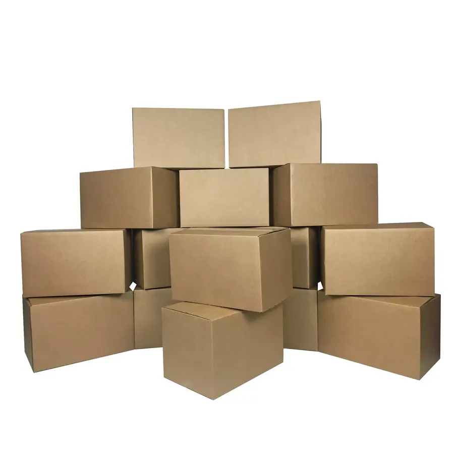 Fifteen small brown corrugated moving boxes stacked in rows