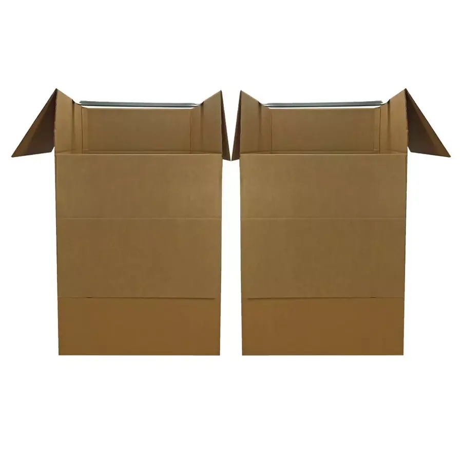 Two tall brown corrugated wardrobe moving boxes