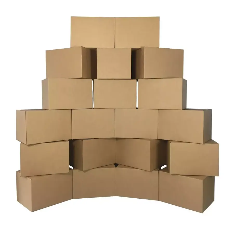 Twenty medium brown corrugated moving boxes, 18 by 14 by 12 inches