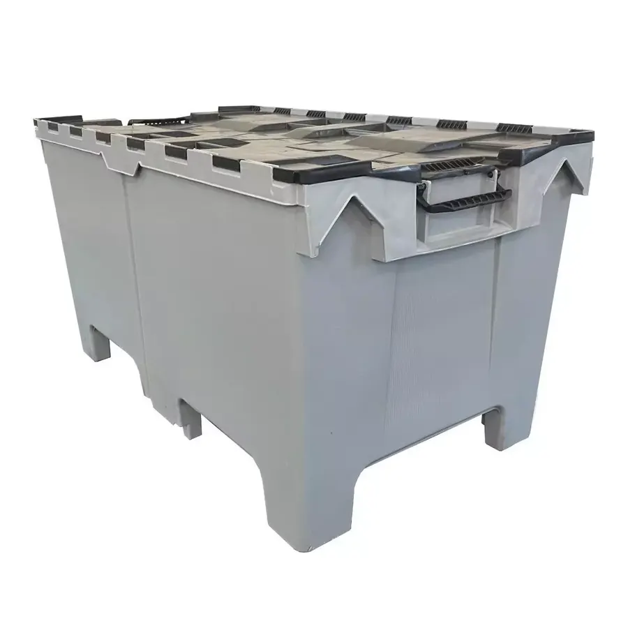 Gray stackable half-pallet shipping container with reinforced base
