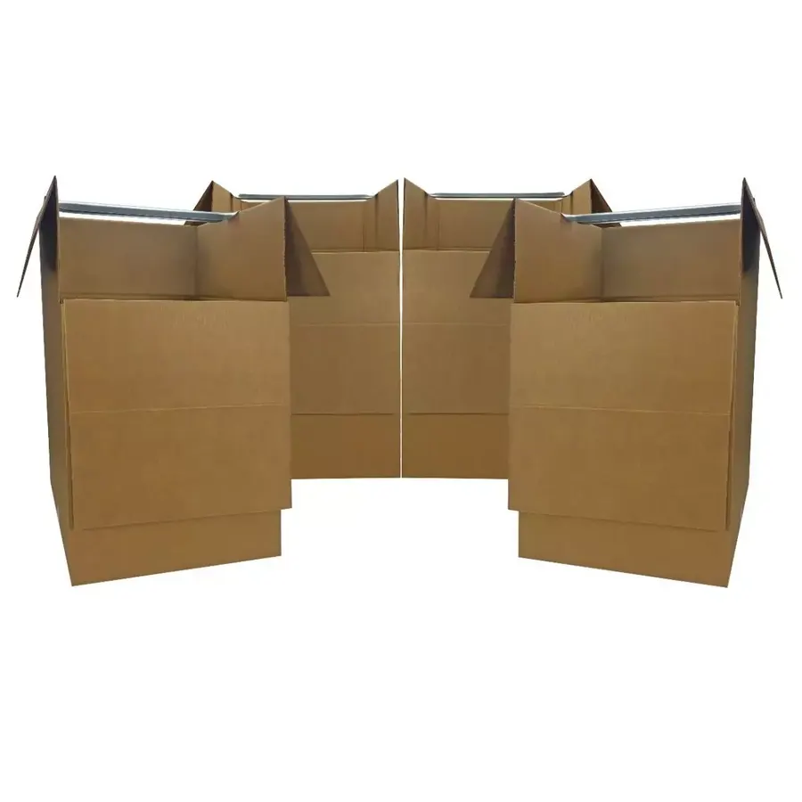 Four tall brown corrugated wardrobe moving boxes