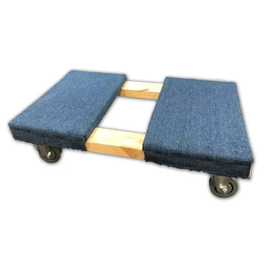 Carpeted wooden four-wheel moving dolly with gray casters