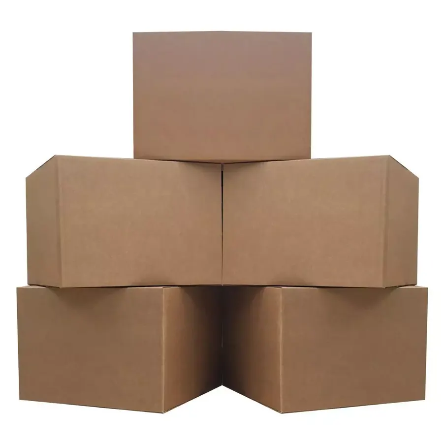Set of 5 extra large brown corrugated moving boxes, 23 by 23 by 16 inches