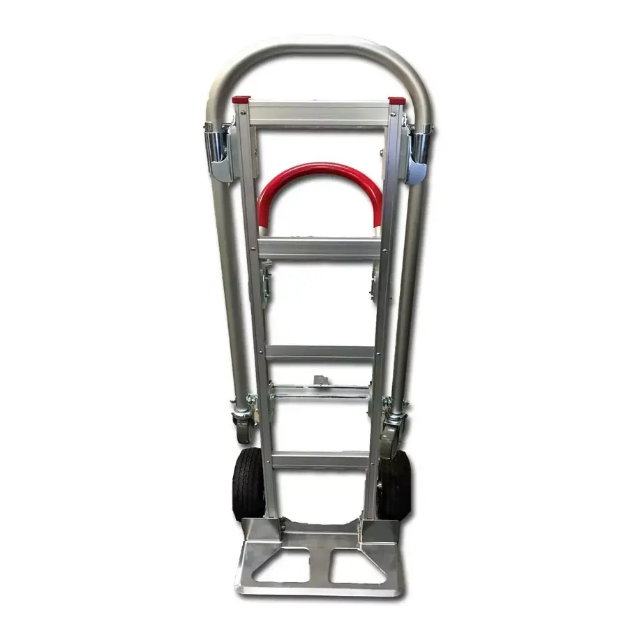 Silver aluminum convertible hand truck with never-flat wheels