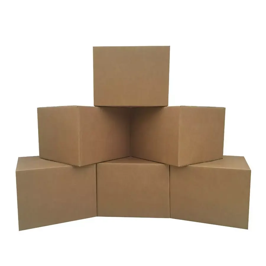 Six large brown corrugated moving boxes, 20 by 20 by 15 inches