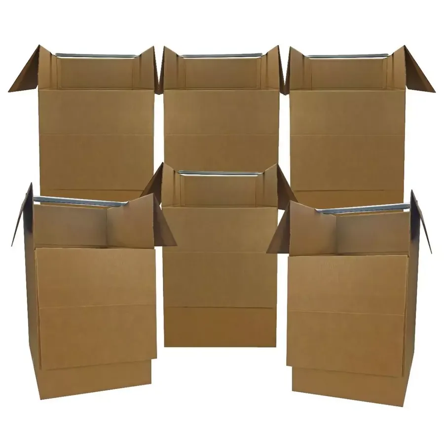 Six tall brown corrugated wardrobe boxes with metal hanging bars