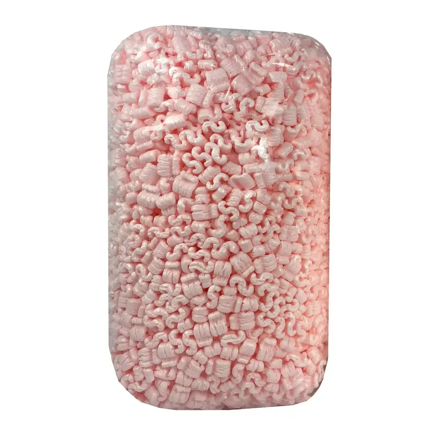 Bag of pink anti-static polystyrene packing peanuts