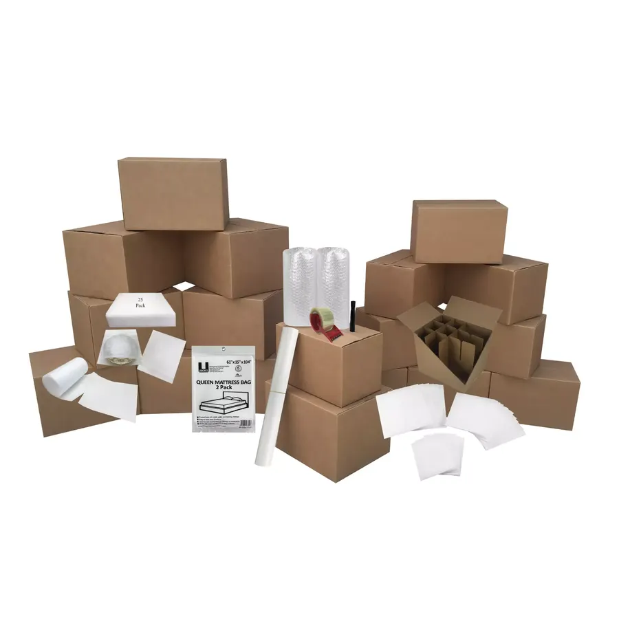 Apartment moving kit with 24 brown boxes, bubble wrap, foam sheets, tape, and a marker
