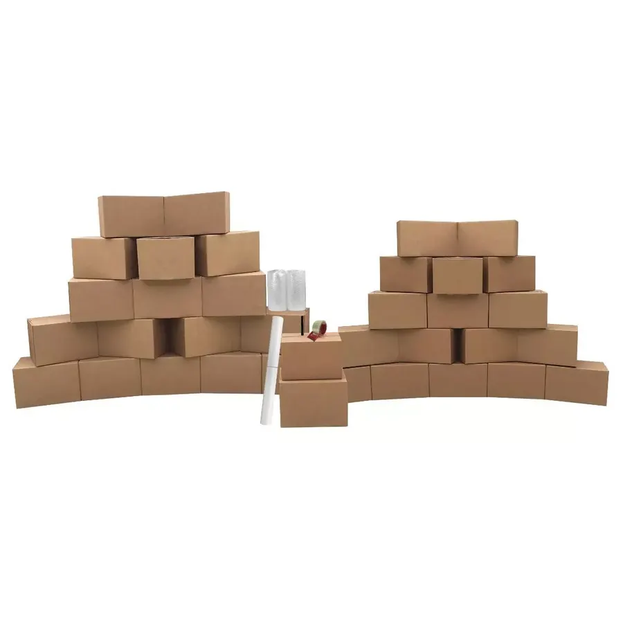 Bundle of small and medium brown corrugated moving boxes with packing supplies