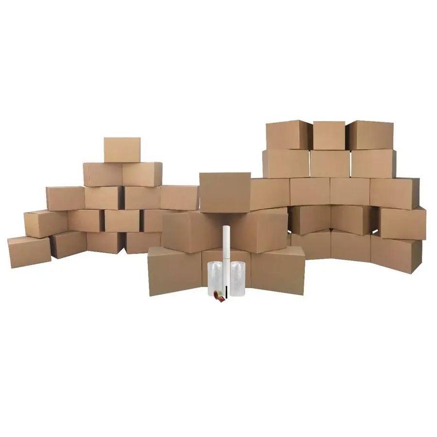 Stacked bundle of 45 brown corrugated moving boxes with packing supplies
