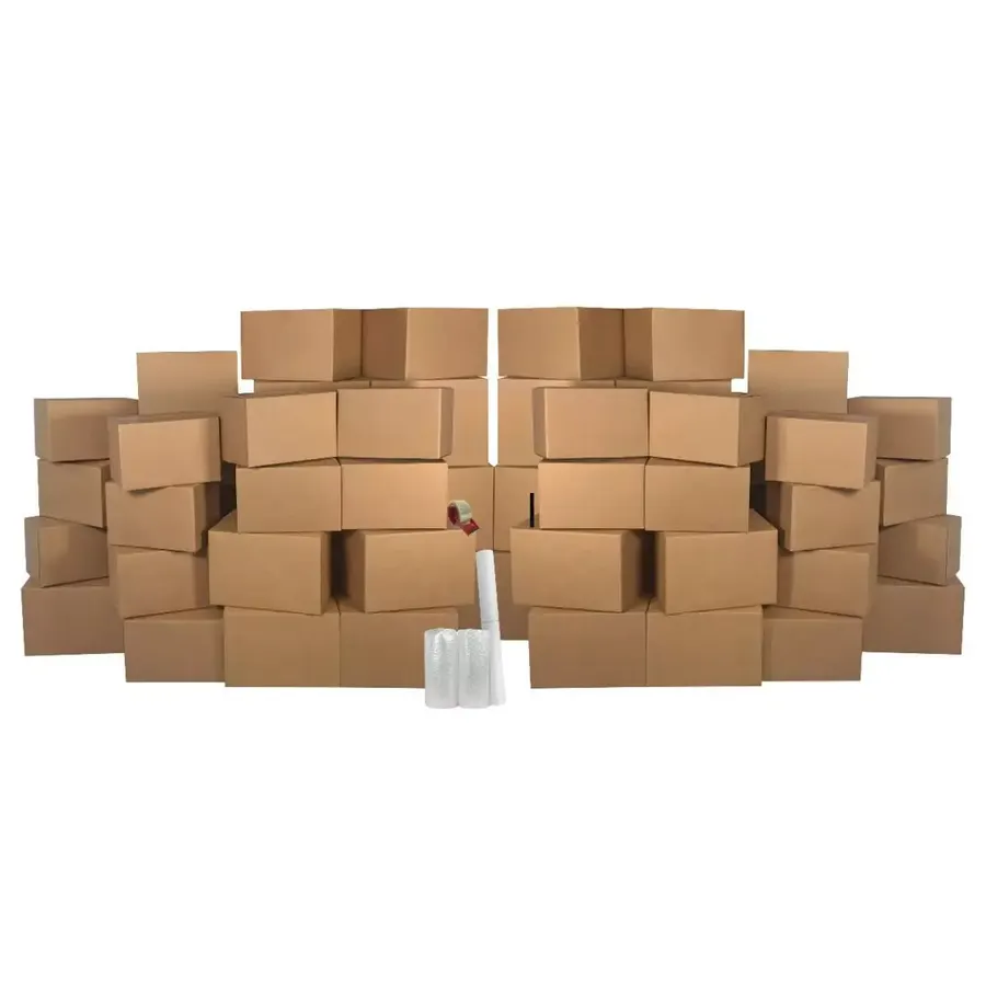 Stacked assortment of brown corrugated moving boxes in four sizes