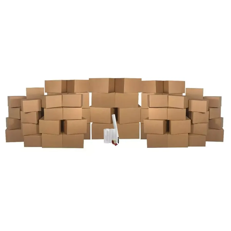 Large stacked bundle of brown corrugated moving boxes in mixed sizes