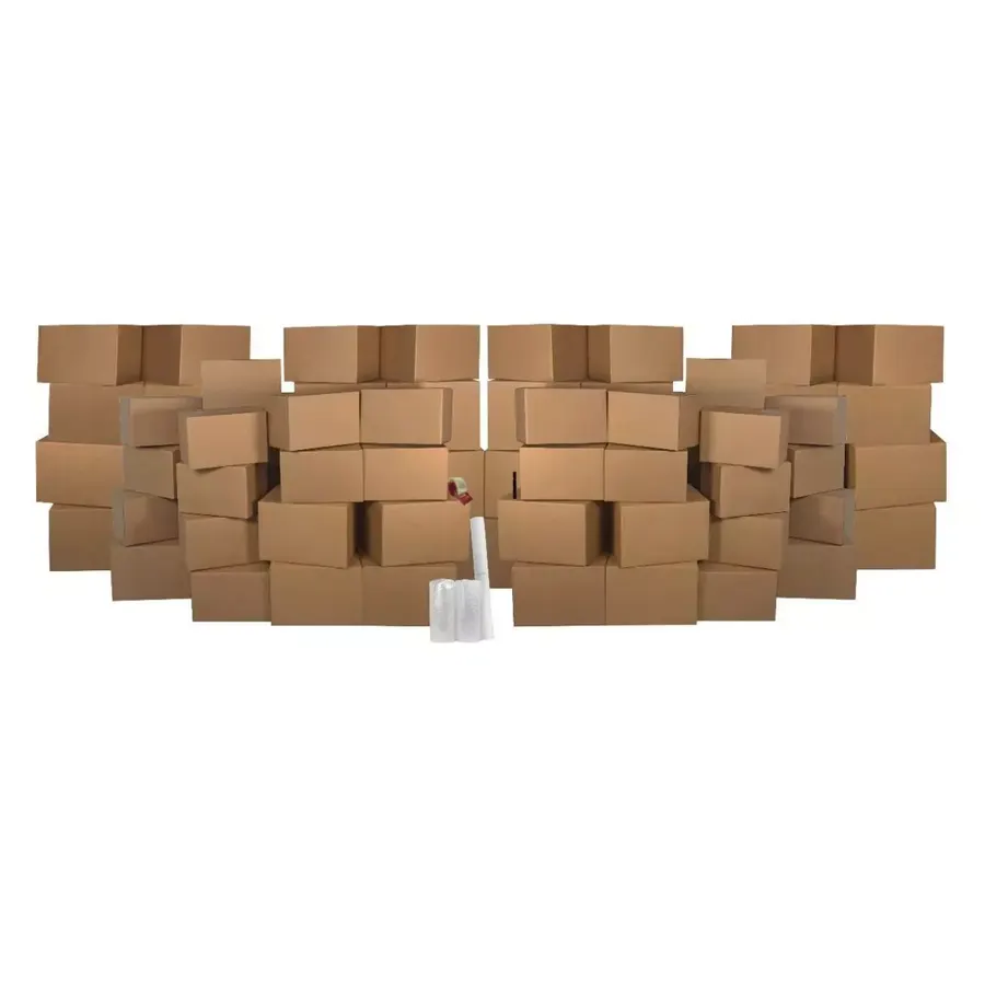 Large bundle of 94 brown corrugated moving boxes stacked flat
