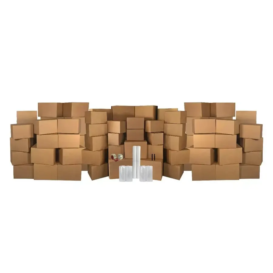Assorted brown corrugated moving boxes from small to extra-large bundled as a kit