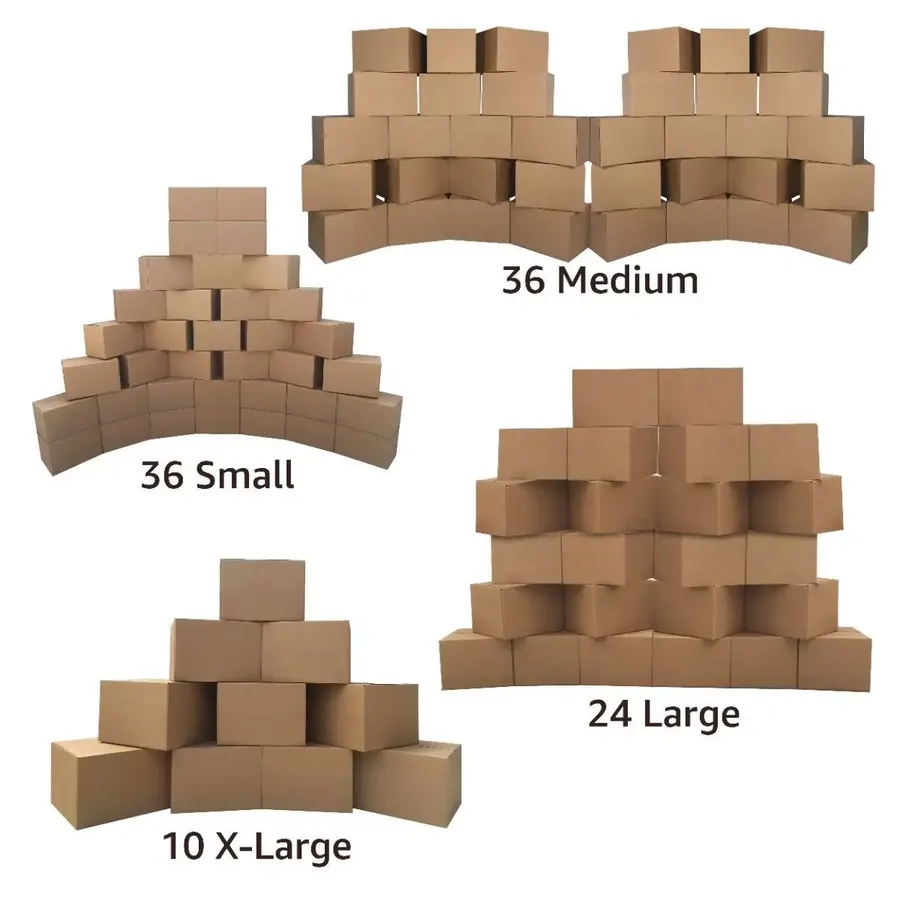 Large moving kit of 124 brown corrugated boxes with bubble roll, packing paper, and tape