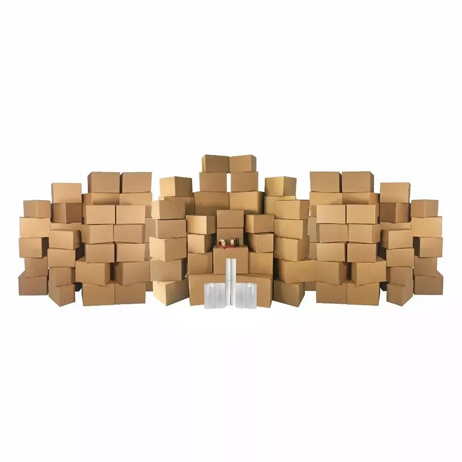 Extensive moving kit of 136 brown corrugated boxes with packing supplies