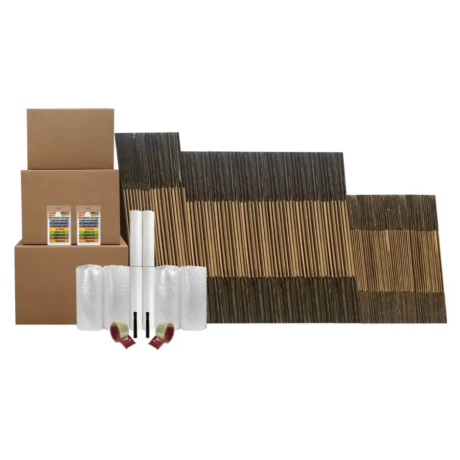 Bundles of large brown corrugated moving boxes in several sizes