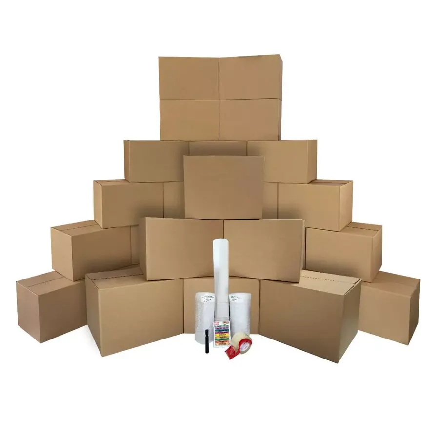 Bundle of large brown corrugated moving boxes with packing supplies