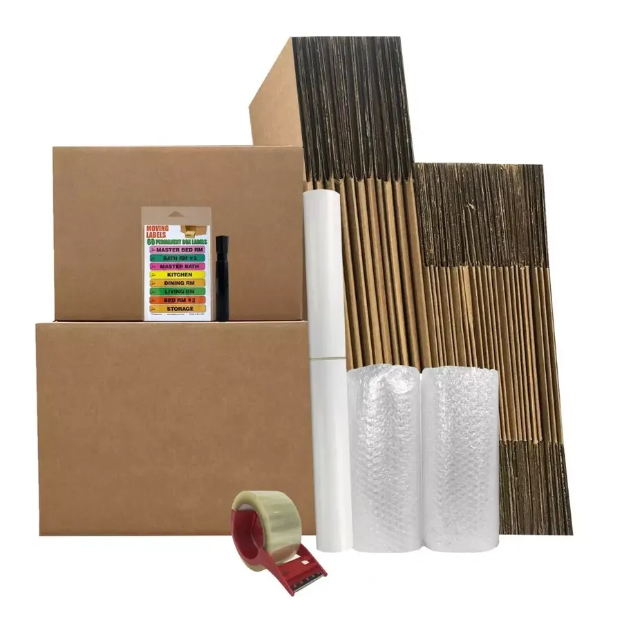 Bundle of large brown corrugated moving boxes in several sizes
