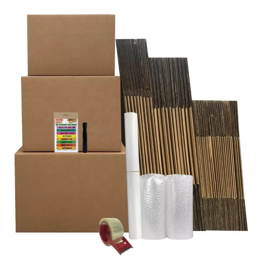 Bundle of large brown corrugated moving boxes stacked flat