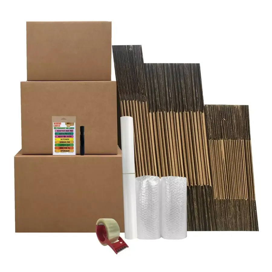 Bundles of large brown corrugated moving boxes stacked together
