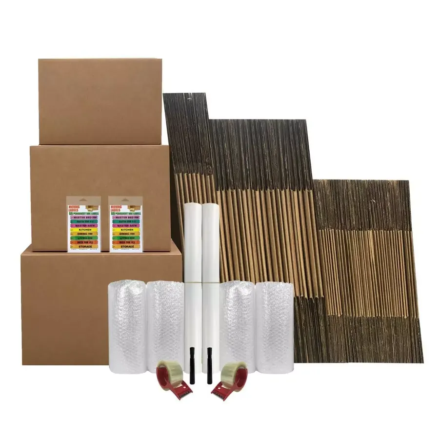 Bundle of 90 large brown corrugated moving boxes packed flat for delivery