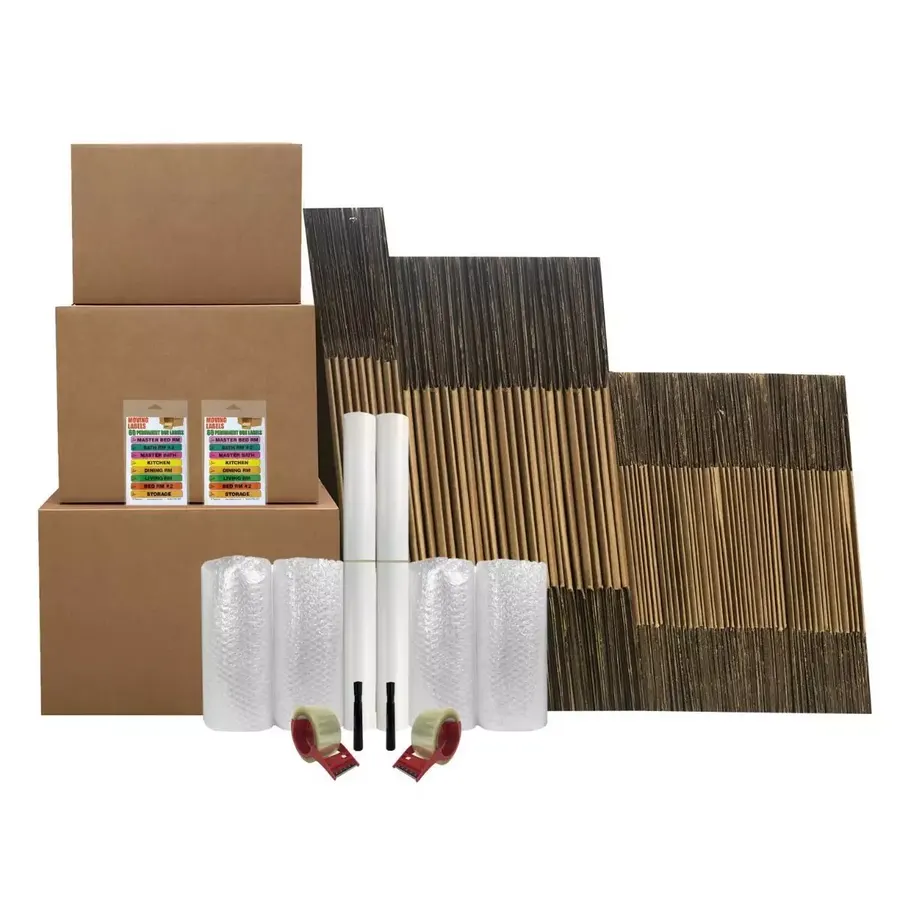Stack of large flat-packed brown corrugated moving boxes