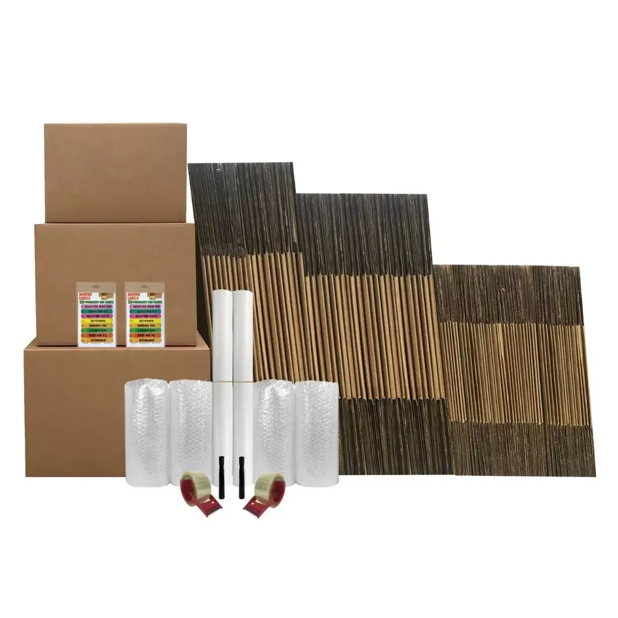 Moving kit of 115 brown corrugated boxes with a row of extra-large boxes at the base