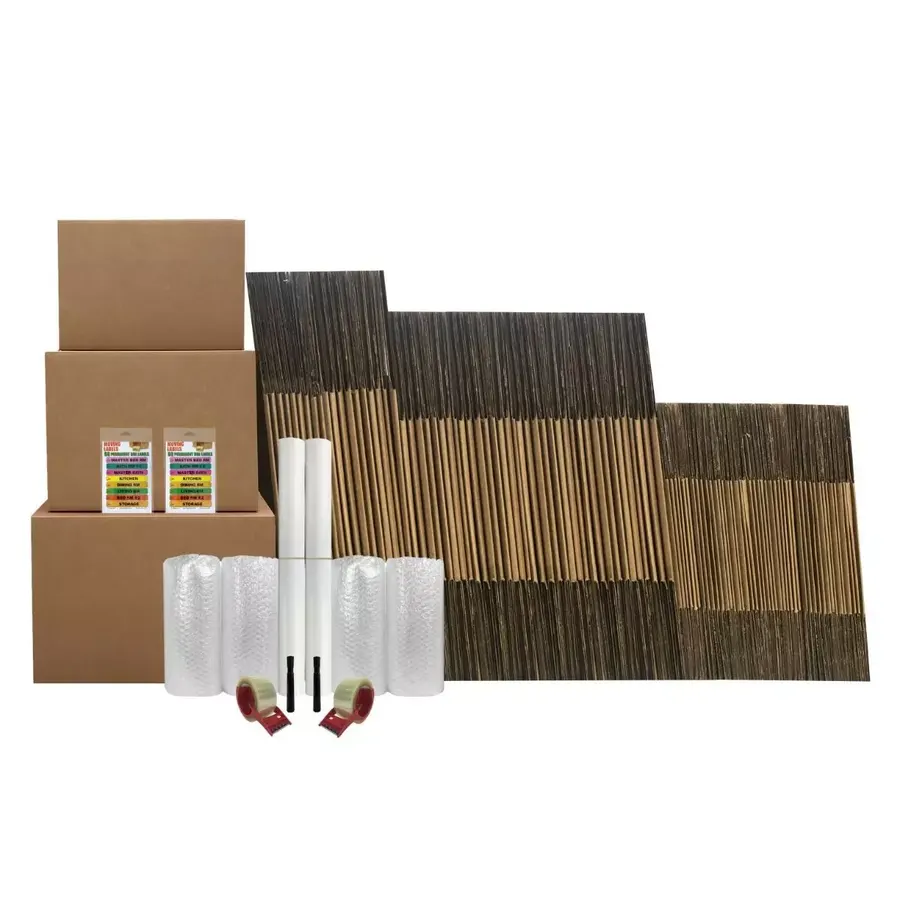 Bundled kit of brown corrugated moving boxes in a full range of sizes