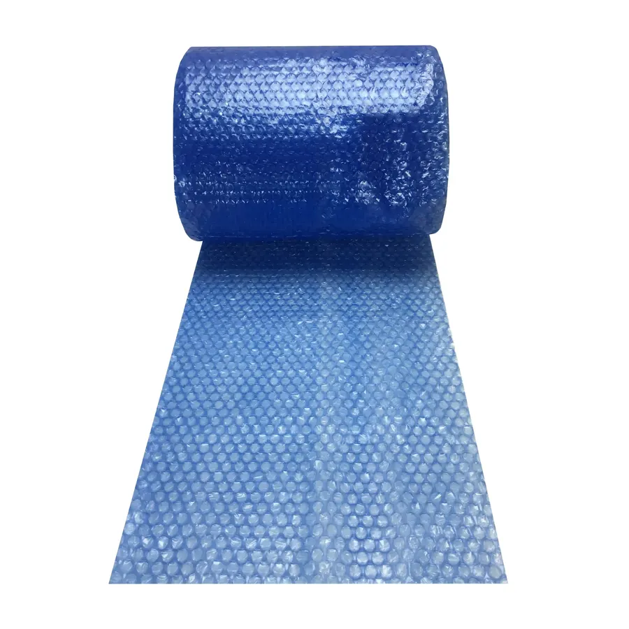 Roll of blue small-bubble cushioning wrap, 12 inches wide