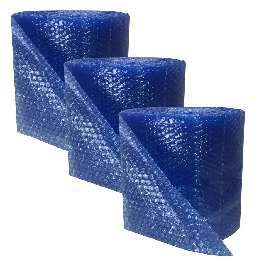 Large roll of blue small-bubble cushioning wrap, 12 inches wide