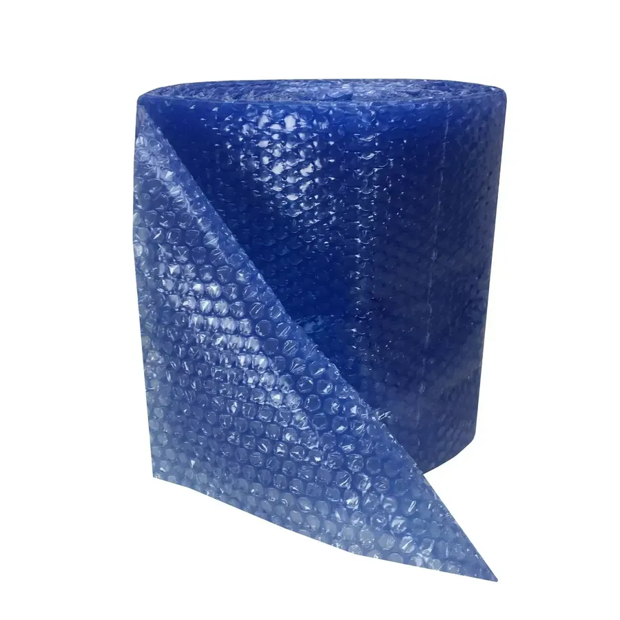 Blue perforated bubble wrap roll with small bubbles, 12 inches wide