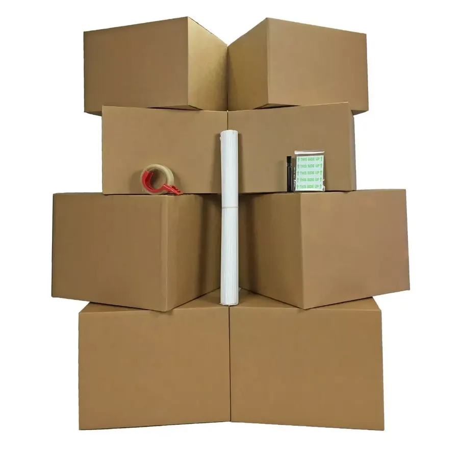 College dorm moving kit of brown cardboard boxes with packing accessories