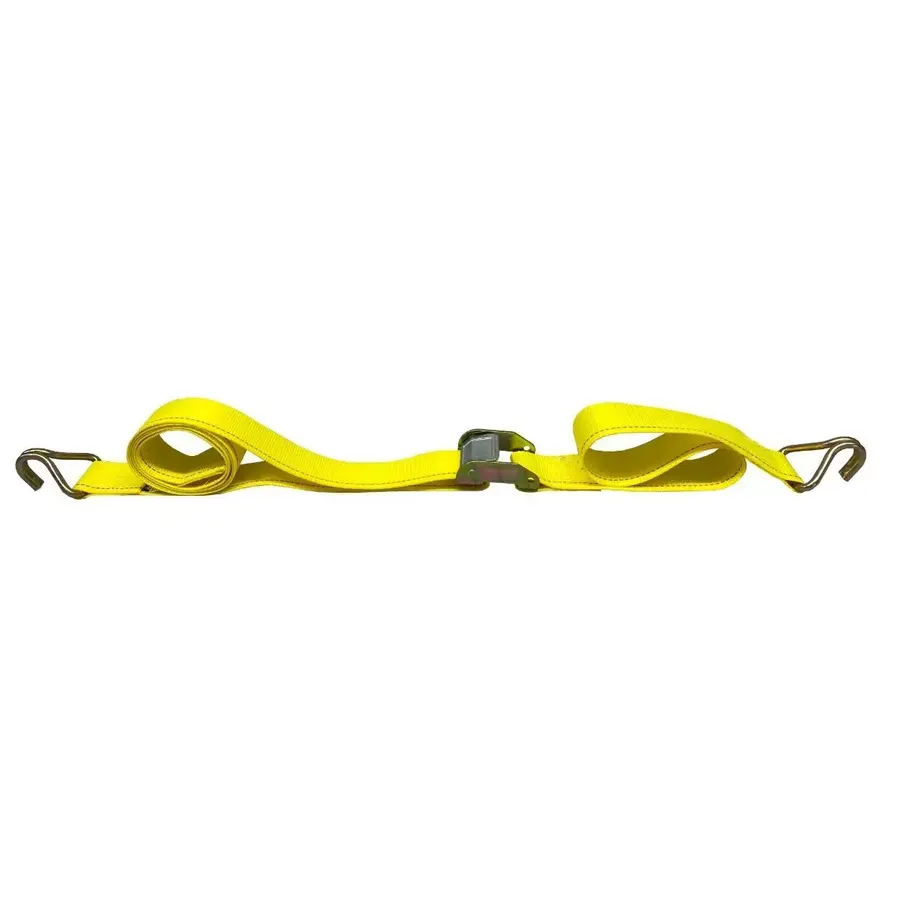 Yellow two-inch cam-buckle tie-down strap coiled up