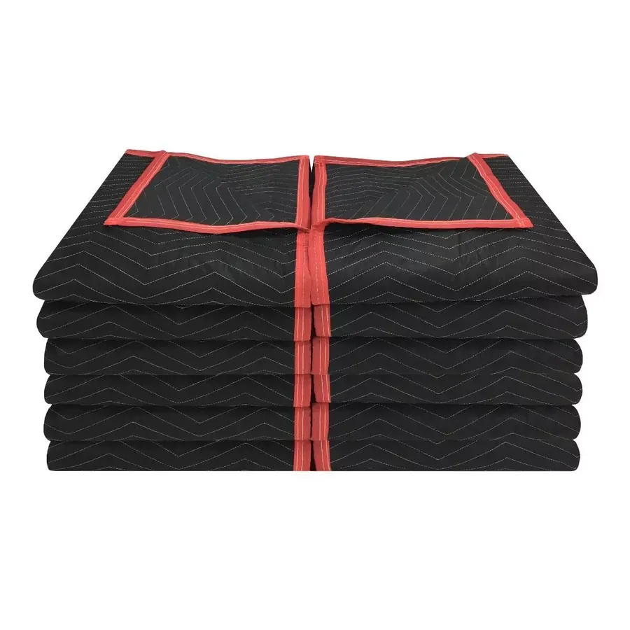 Stack of 12 black quilted deluxe moving blankets