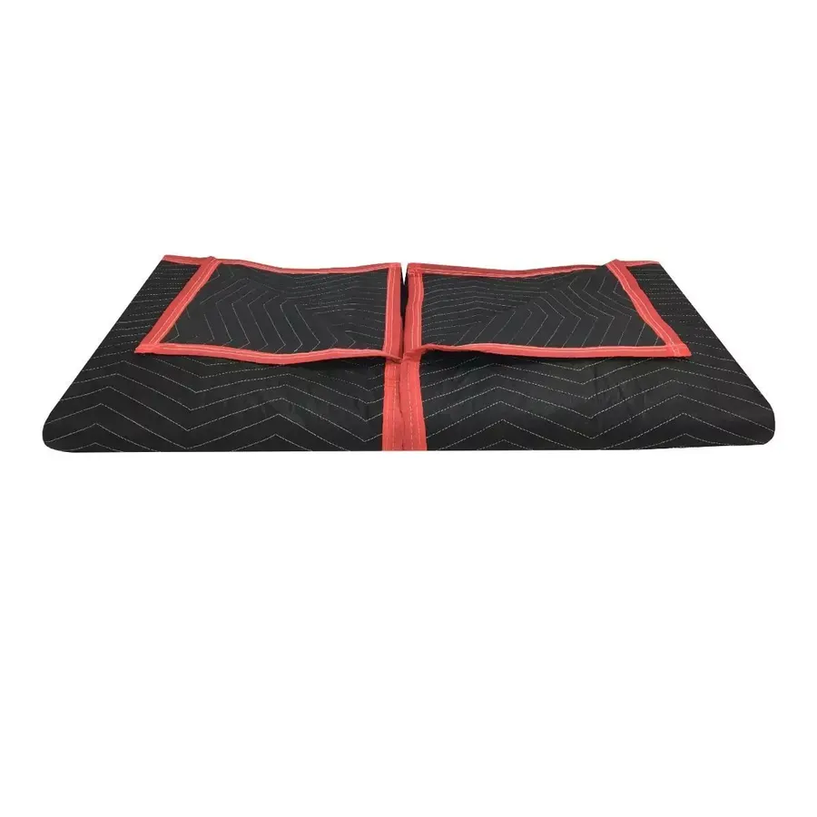 Two black quilted deluxe moving blankets folded in a stack