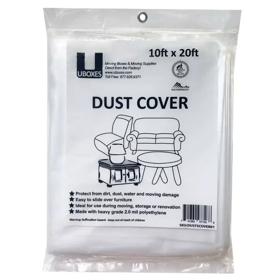 Clear plastic dust cover draped over a piece of furniture