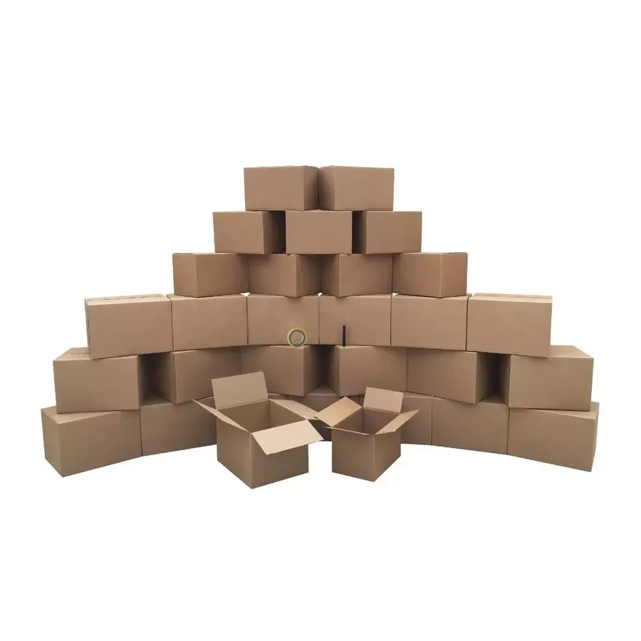 Bundle of brown cardboard moving boxes with packing supplies