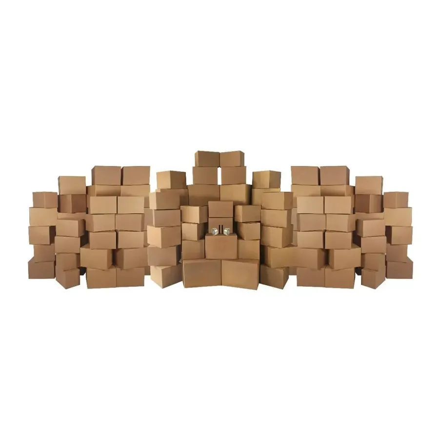 Large stacked assortment of brown cardboard moving boxes in four sizes