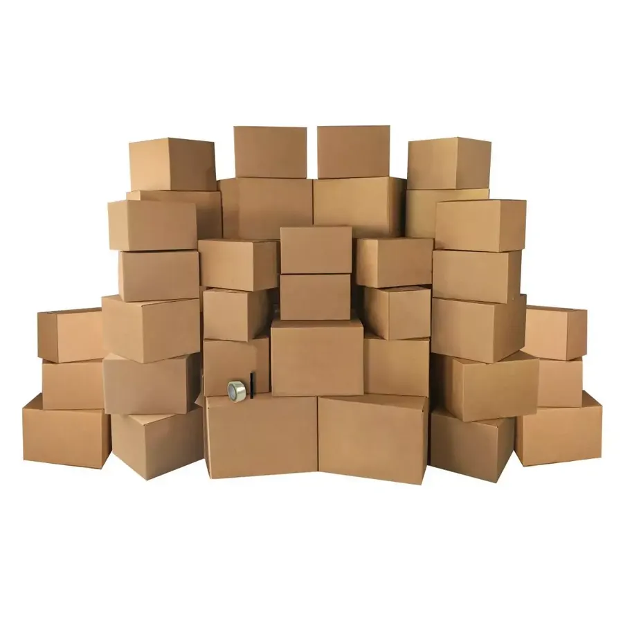Bundle of brown cardboard moving boxes with packing supplies