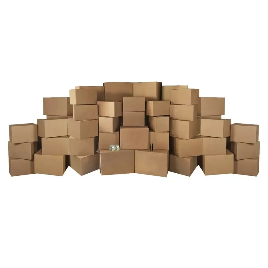 Assorted brown cardboard moving boxes in four sizes with packing supplies