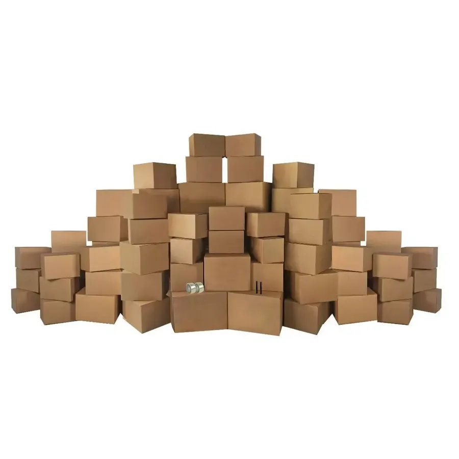 Bundled economy moving kit of flat brown cardboard boxes